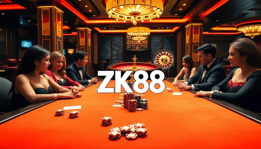 Experience high-stakes action at ZK88's luxurious casino setting with vibrant poker gameplay.