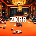 Experience high-stakes action at ZK88's luxurious casino setting with vibrant poker gameplay.