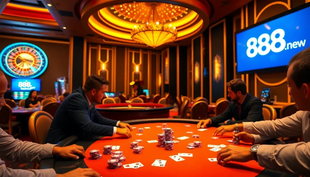 Exciting poker action at 888new casino showcasing vibrant chips and cards.