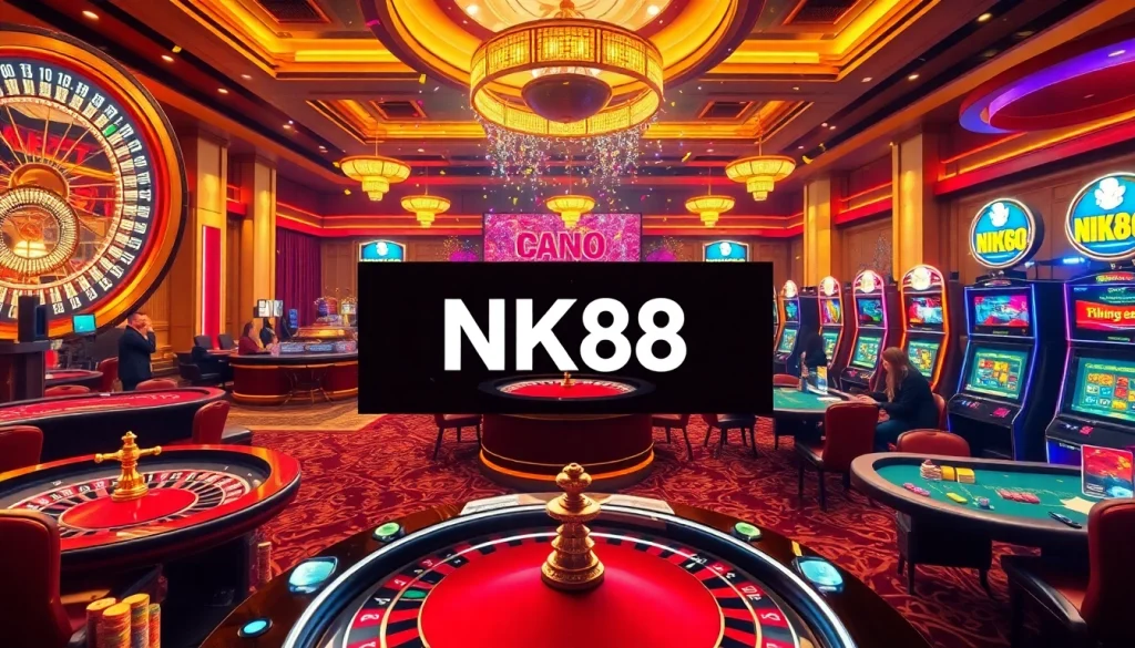 Experience thrilling gameplay at NK88 with poker chips and vibrant casino lights.
