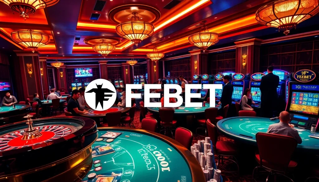 FEBET offers thrilling gaming experiences with vibrant casino tables and engaging players.