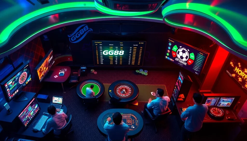 Exciting gaming atmosphere showcasing GG88's casino games and sports betting, illuminated by neon lights.