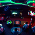 Exciting gaming atmosphere showcasing GG88's casino games and sports betting, illuminated by neon lights.