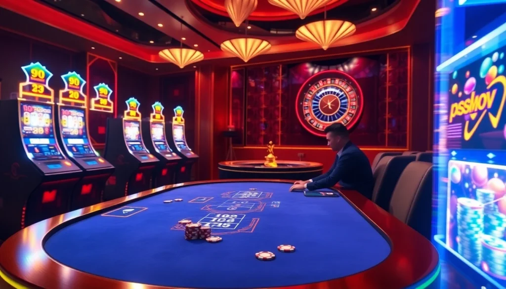 Exciting poker game at 99ok online casino featuring players, chips, and roulette.