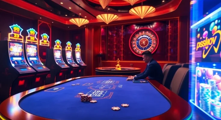 Exciting poker game at 99ok online casino featuring players, chips, and roulette.