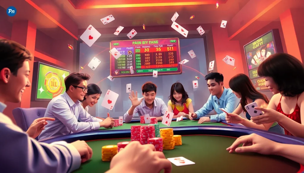 Dynamic online gaming scene highlighting topgamebaidoithuong.mx card games with diverse players engaged.