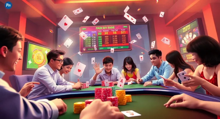Dynamic online gaming scene highlighting topgamebaidoithuong.mx card games with diverse players engaged.