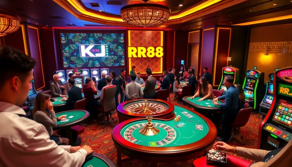 KJC RR88 casino scene showcasing an exciting atmosphere with diverse gamblers at roulette and poker tables.