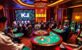 KJC RR88 casino scene showcasing an exciting atmosphere with diverse gamblers at roulette and poker tables.