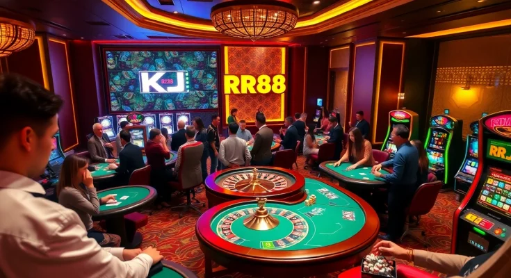 KJC RR88 casino scene showcasing an exciting atmosphere with diverse gamblers at roulette and poker tables.