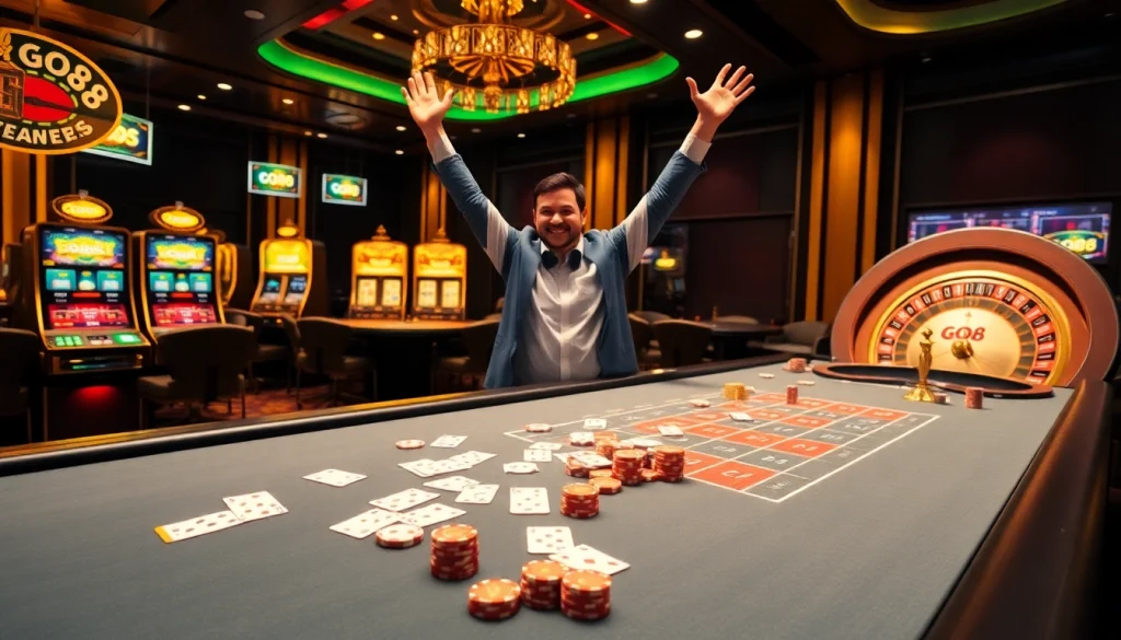 Players enjoy a vibrant Go88 casino experience with cards and slot machines.