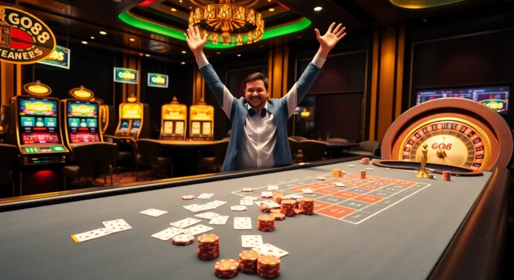 Players enjoy a vibrant Go88 casino experience with cards and slot machines.