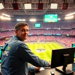 Engaging sports broadcasting scene showcasing an announcer amidst live sports events, symbolizing Sports Broadcasting.