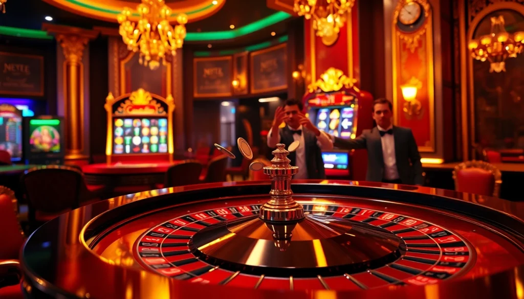 Enjoy an exciting gaming experience at https://mmoo8.art/, featuring a luxurious roulette table and vibrant casino ambiance.
