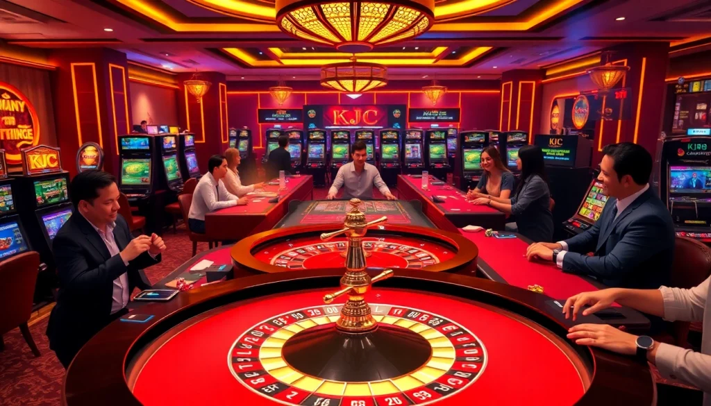 Exciting gambling scene featuring KJC RR88 roulette, slot machines, and poker tables.