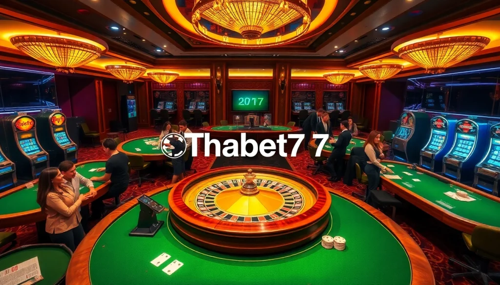 Players enjoying thrilling games at Thabet77 casino, featuring vibrant tables and luxury atmosphere.