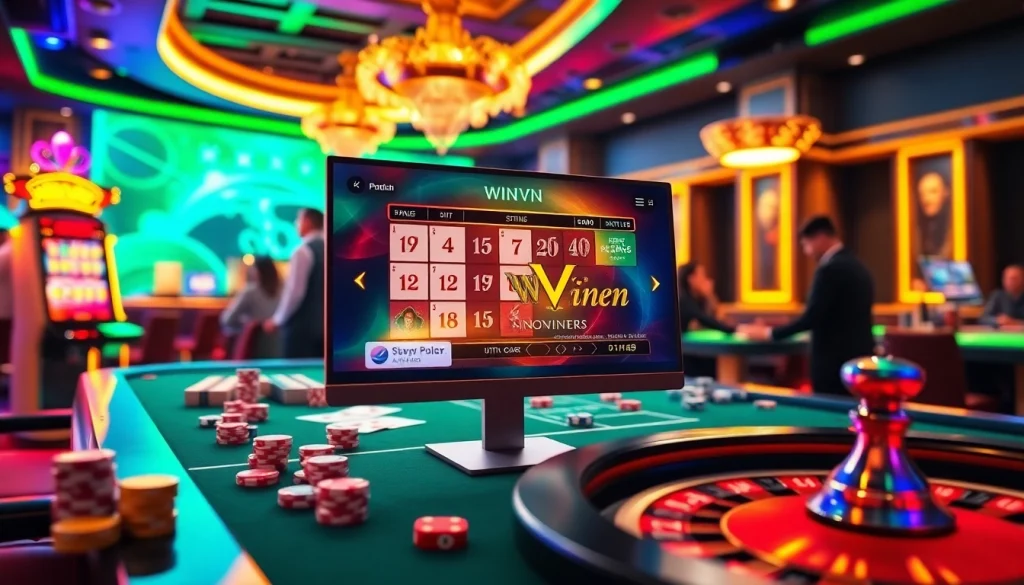 Engaged gamers at a luxurious casino interface showcasing WinVN online betting excitement.