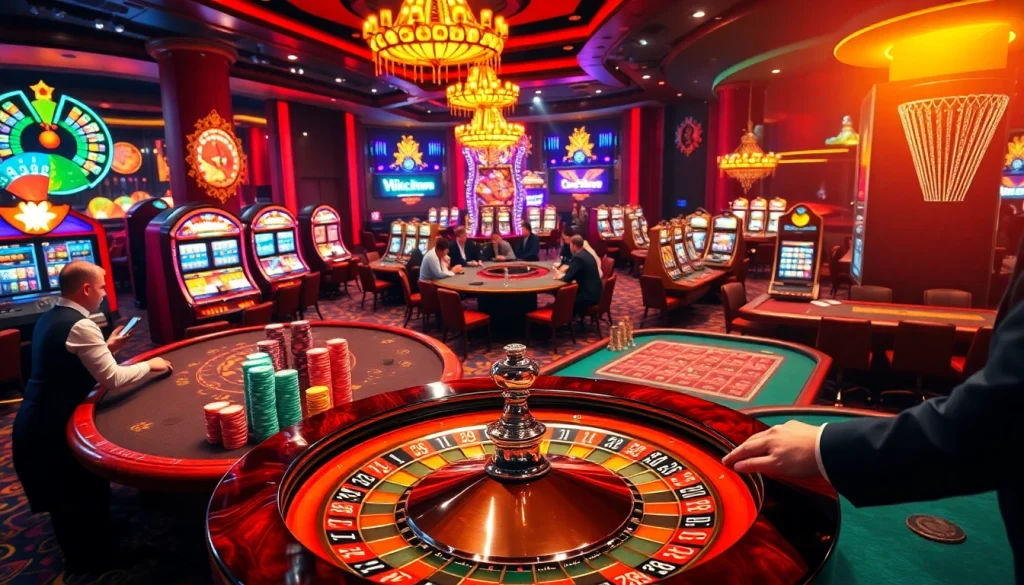 Players at vibrant casino tables engage in high-stakes games, showcasing BEM88's exciting gambling atmosphere.