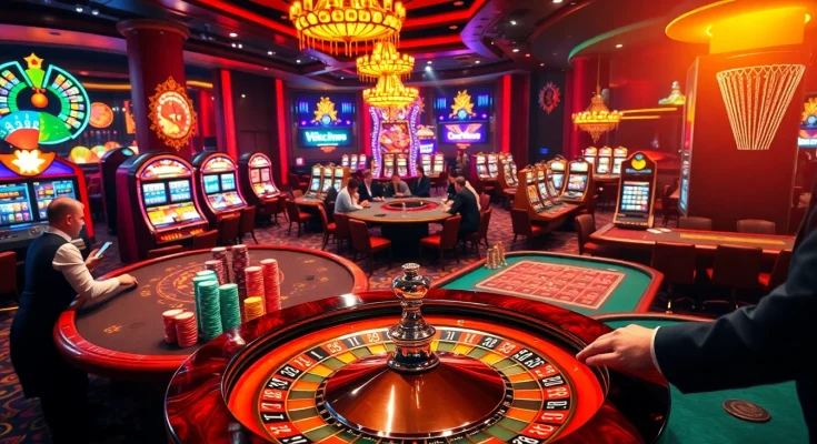 Players at vibrant casino tables engage in high-stakes games, showcasing BEM88's exciting gambling atmosphere.