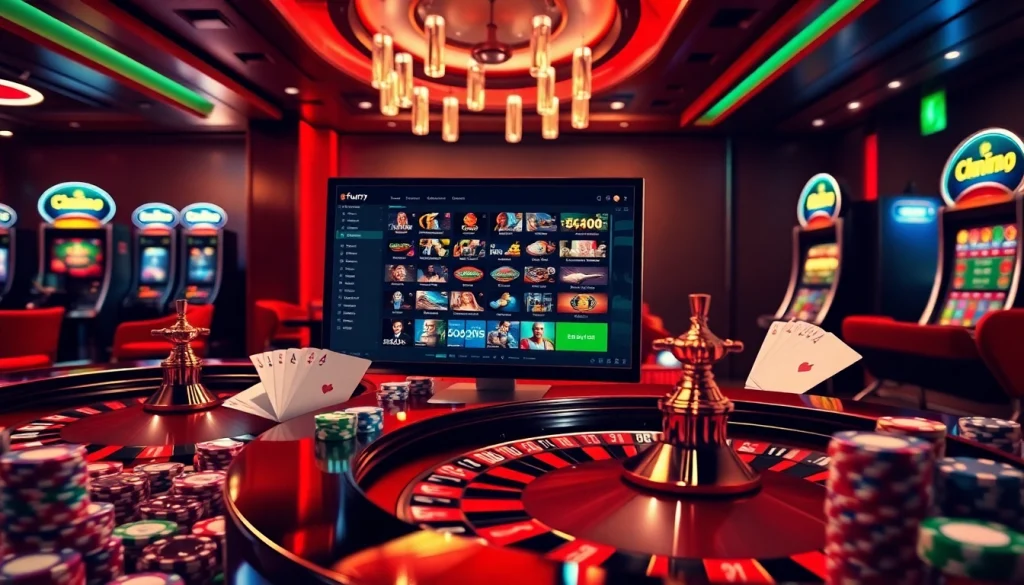 Engaging scene of an online casino interface for fun79 with poker chips, cards, and a roulette wheel.