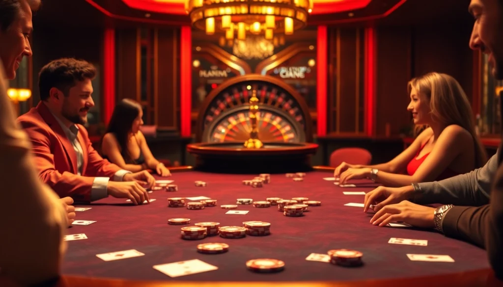 Players enjoying a thrilling poker game at U888 casino, showcasing excitement and luxury.