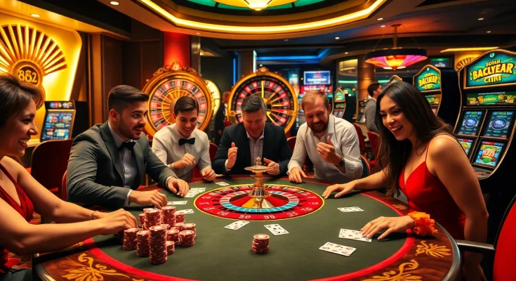 B52 poker table game with vibrant chips and cards in a luxury casino setting.