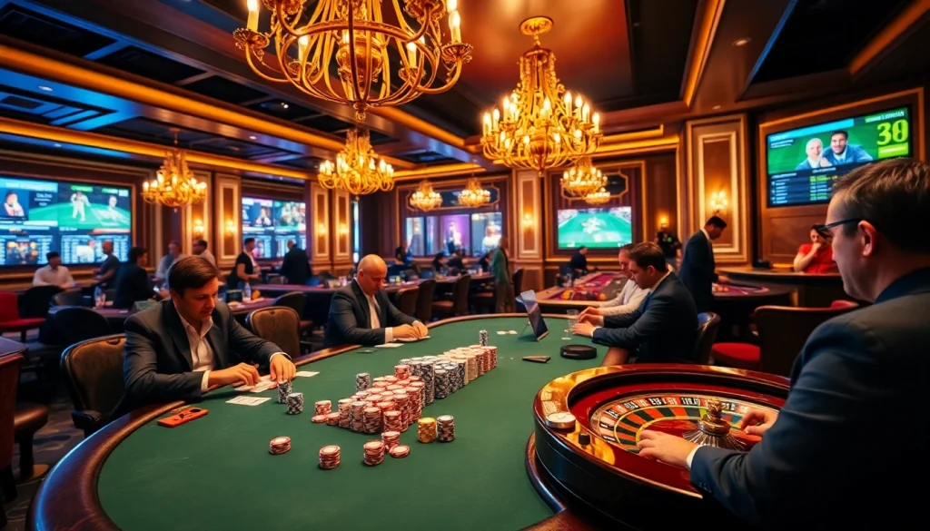 33WIN casino scene showcasing intense poker gameplay and vibrant roulette action.