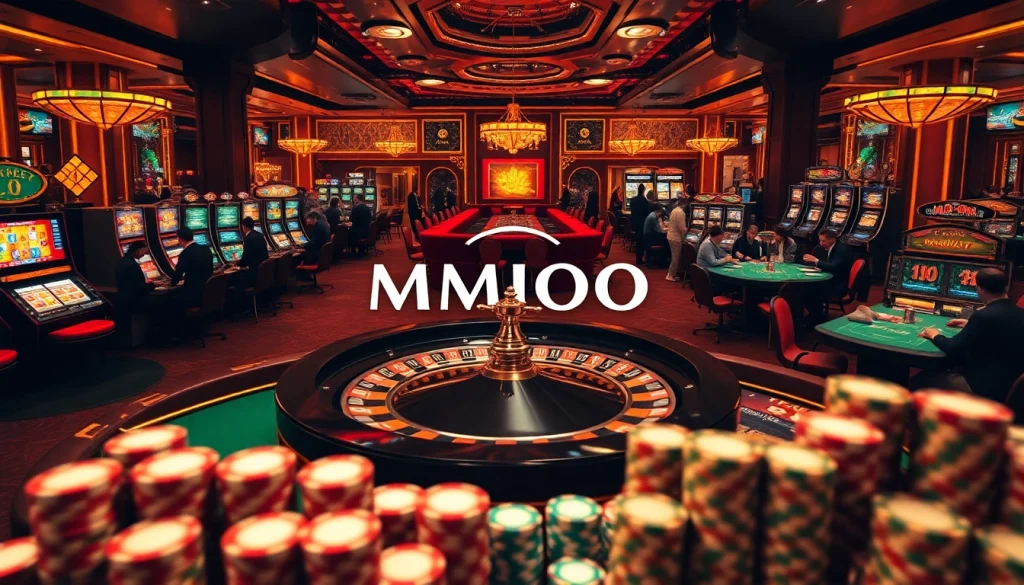 Gamblers enjoying an engaging game at MMOO's luxurious casino with vibrant roulette table and slots.