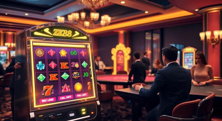 Excited players spinning the ZK88 slot machine in a vibrant casino setting.