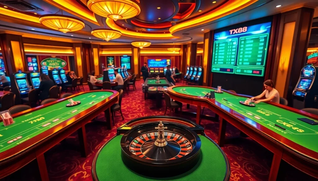 Experience the excitement of TX88 with vibrant casino elements like poker chips and betting tables.