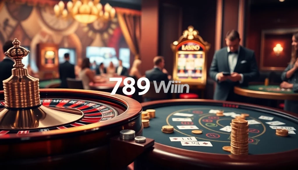 Thrilling gambling experience at 789Win casino with roulette, blackjack, and vibrant slot machines.