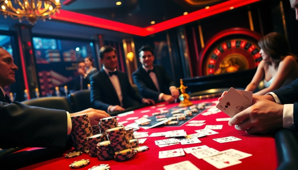 Poker game excitement at TG88 casino, showcasing luxurious chips and cards.