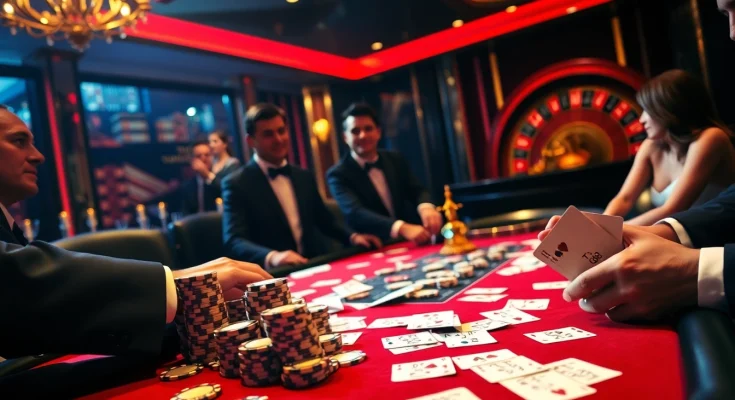 Poker game excitement at TG88 casino, showcasing luxurious chips and cards.