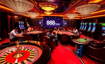 Players experiencing excitement at the 888now casino tables with vibrant roulette wheels.
