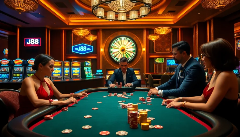 Players experience high-stakes action at a j88 poker table in a vibrant casino setting.