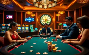 Players experience high-stakes action at a j88 poker table in a vibrant casino setting.