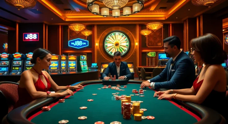 Players experience high-stakes action at a j88 poker table in a vibrant casino setting.
