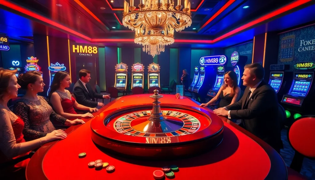 Gamblers enjoying high-stakes gameplay at a luxurious HM88 casino table.