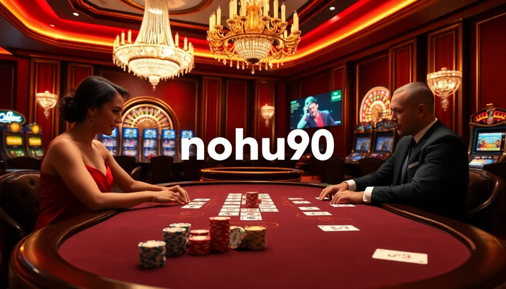 A vibrant casino scene with players at a poker table, featuring rich colors and nohu90 branding, conveying excitement and sophistication.