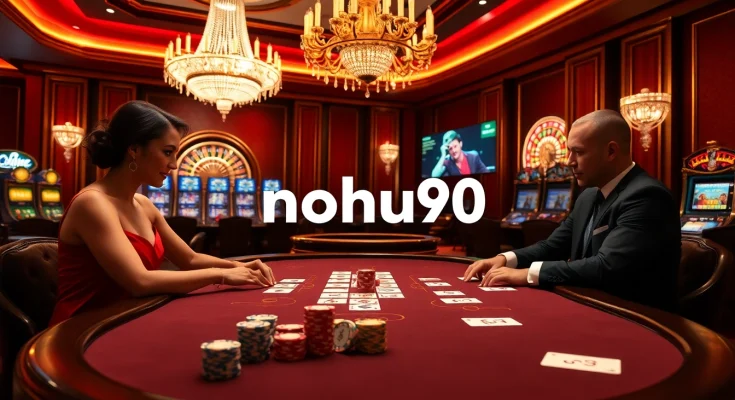 A vibrant casino scene with players at a poker table, featuring rich colors and nohu90 branding, conveying excitement and sophistication.