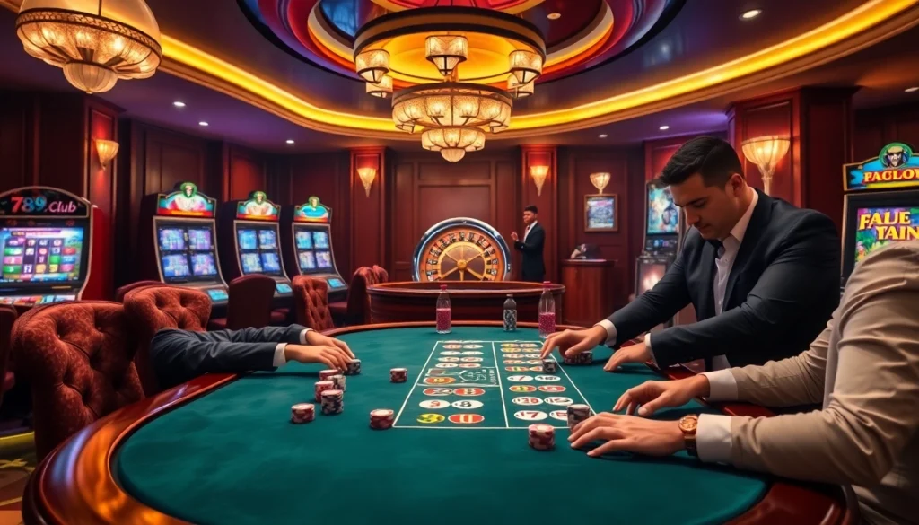 Experience the excitement of 789club with players enjoying poker at a luxurious casino table.