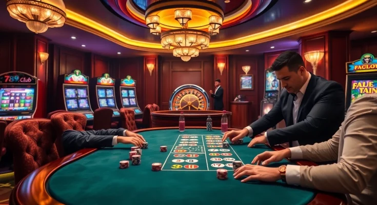 Experience the excitement of 789club with players enjoying poker at a luxurious casino table.