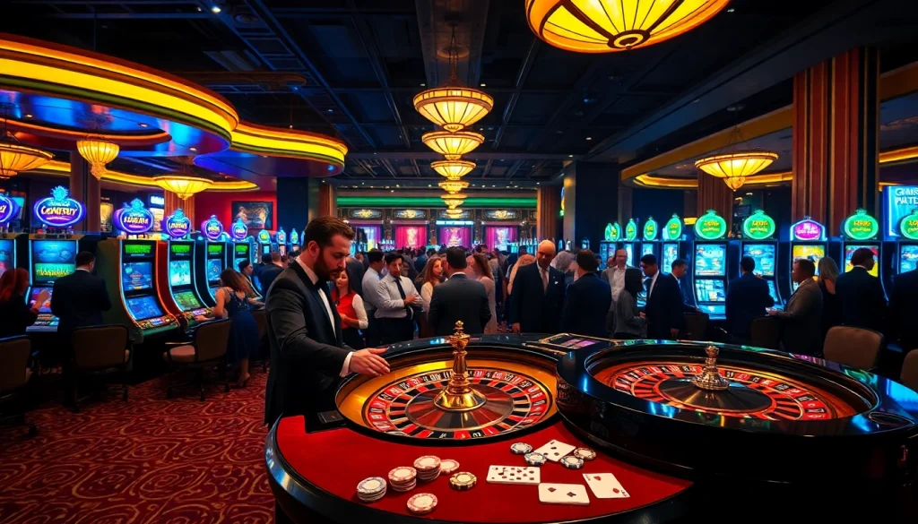 Energetic casino scene showcasing gamblers enjoying NK88 games on stylish tables.