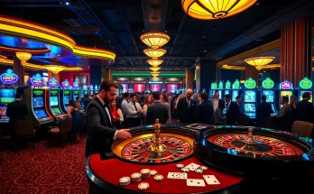 Energetic casino scene showcasing gamblers enjoying NK88 games on stylish tables.