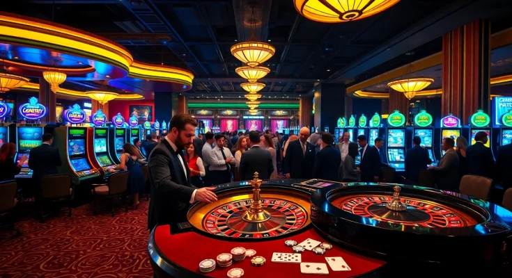 Energetic casino scene showcasing gamblers enjoying NK88 games on stylish tables.
