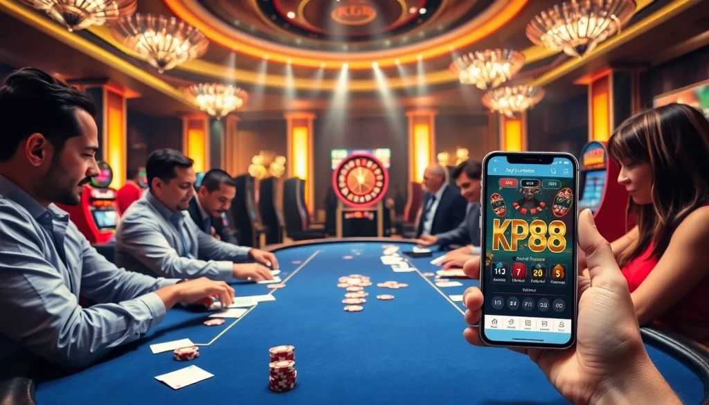Players engaging at a KP88 casino with vibrant tables and professional dealers.