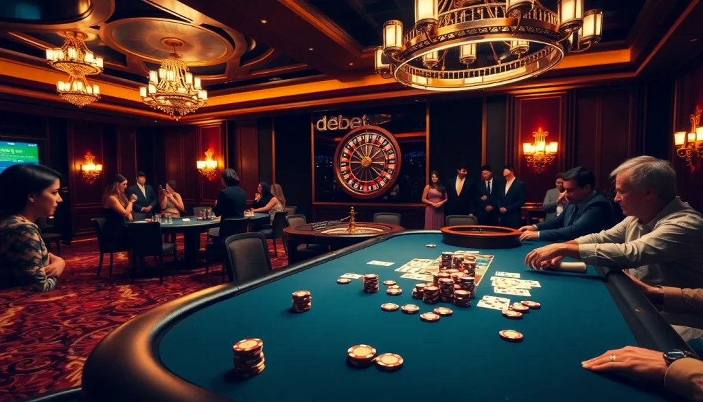 Engaging poker players at the debet casino table with vibrant chips and exciting atmosphere.