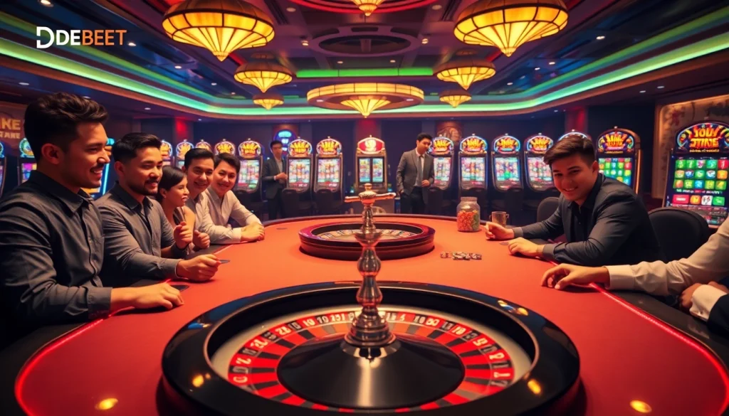Experience the excitement of Nhà Cái DEBET with players at a vibrant casino table.