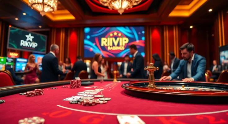 Players enjoying an exciting game at rikvip casino, showcasing a vibrant blackjack table and roulette wheel action.