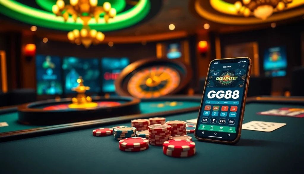Experience high-stakes betting with GG88 at a lavish casino table featuring cards and chips.